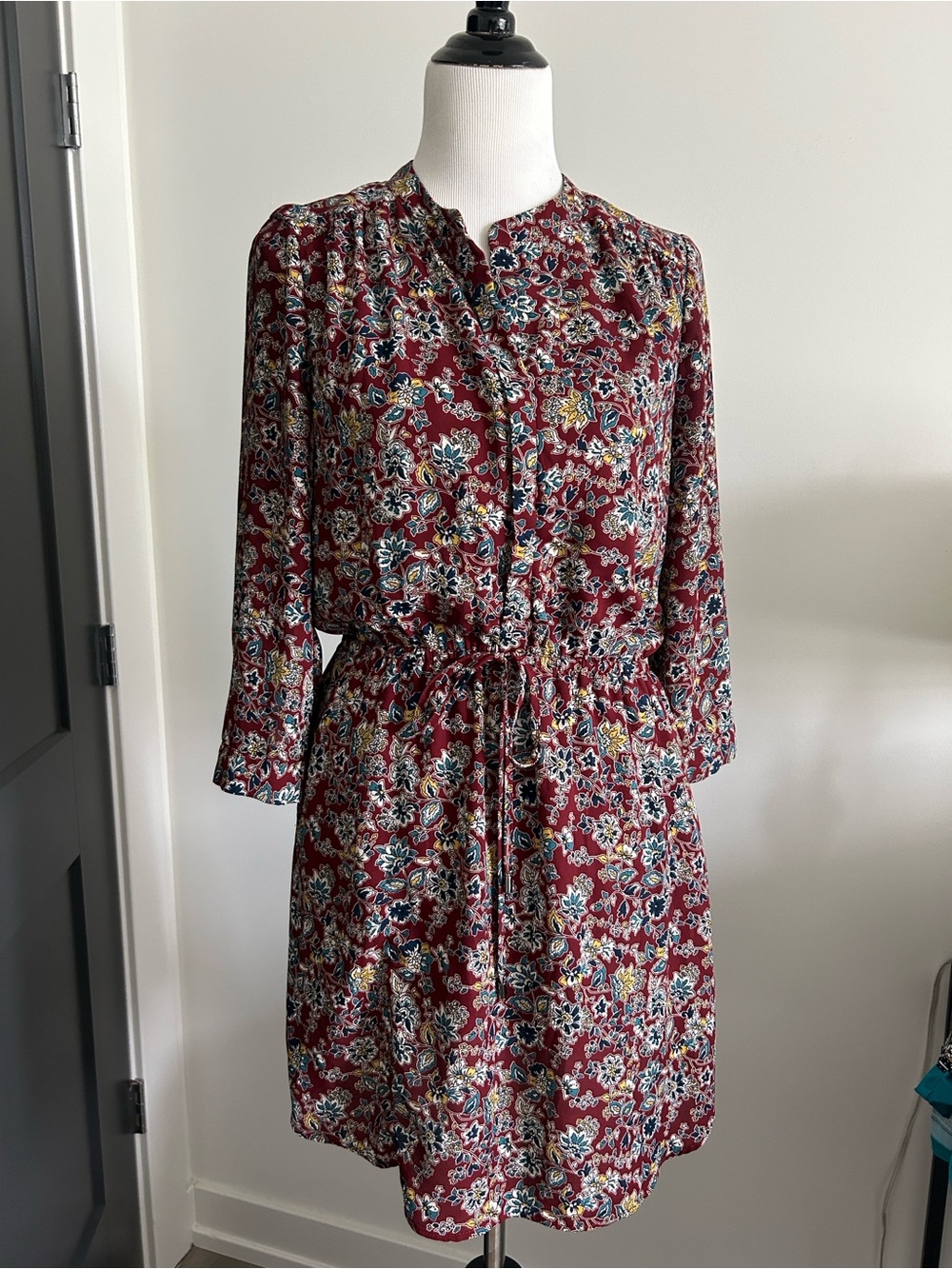 DR2 S 3/4 sleeve Floral Drawstring Waist Shirt Dress - Burgundy gold teal white